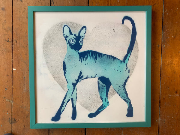 Cat (Cornish Rex) FRAMED (blue)